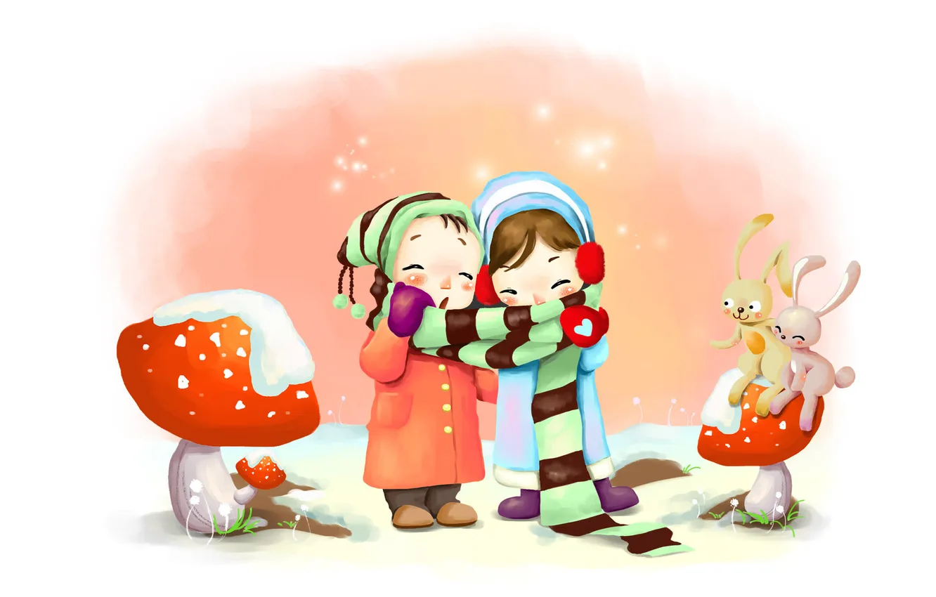 Фото обои зима, снежинки, дети, рисунок, грибы, дыхание, шарфик, зайчата