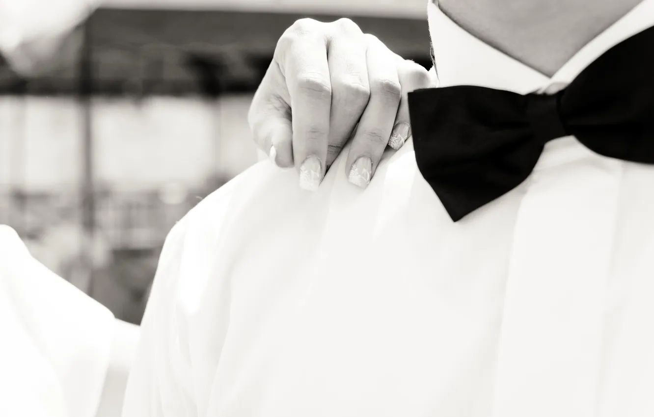 Фото обои бабочка, рука, рубашка, чёрно-белый, жених, маникюр