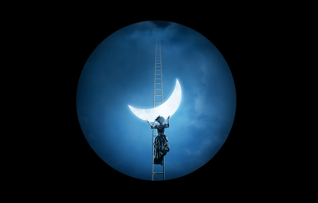 Фото обои облака, фантазия, черный фон, lady, the moon, лестница в небо, девушка держит месяц, взгляд в …