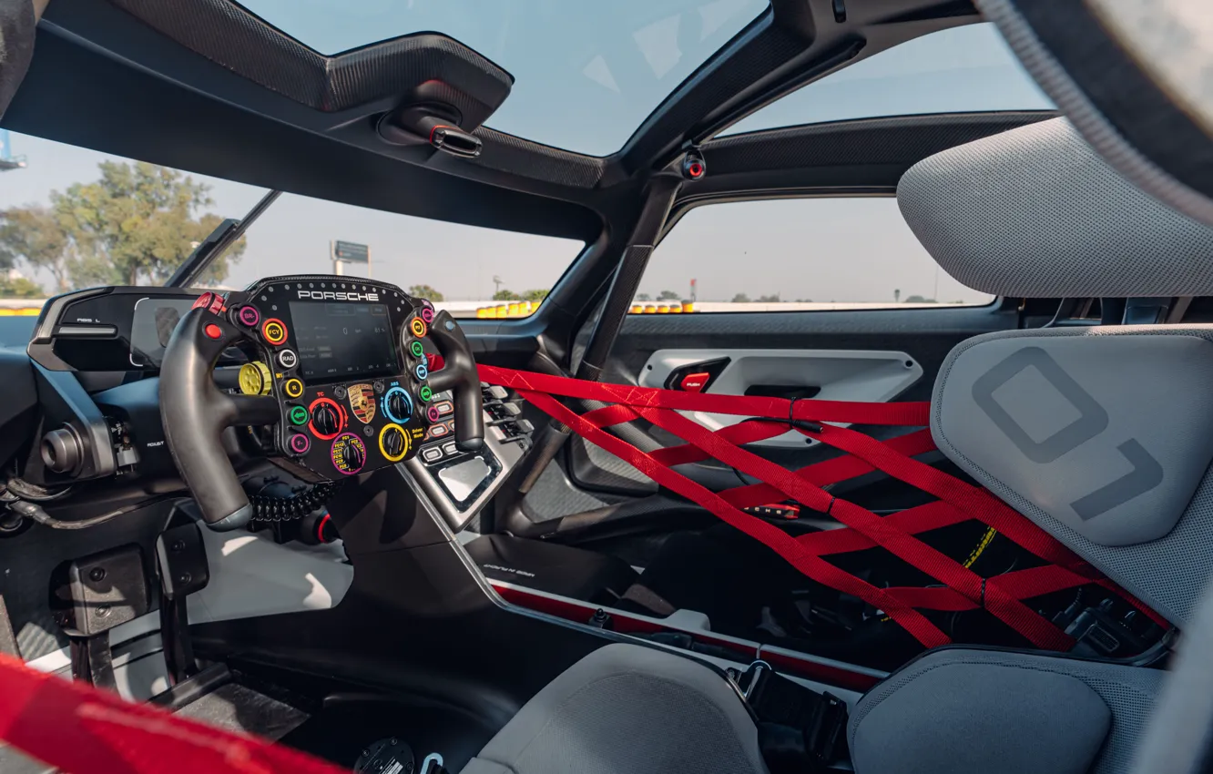 Фото обои Porsche, steering wheel, car interior, Mission R, Porsche Mission R