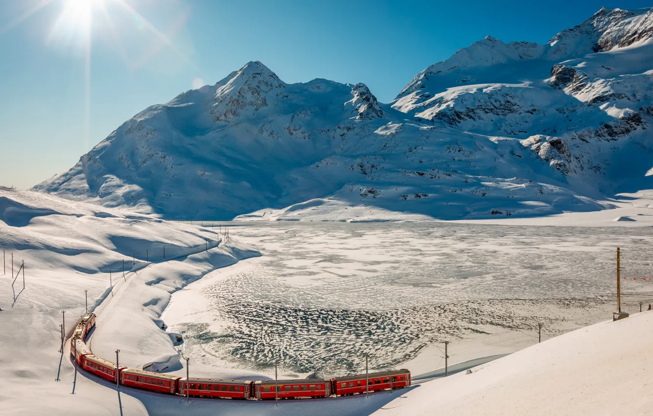 Фото обои Snow, mountains, Swiss, Train Journey
