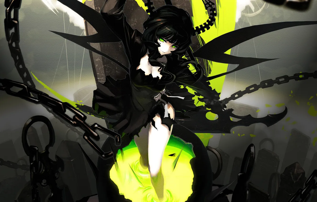 Фото обои девушка, столбы, коса, цепи, black rock shooter, takanashi yomi