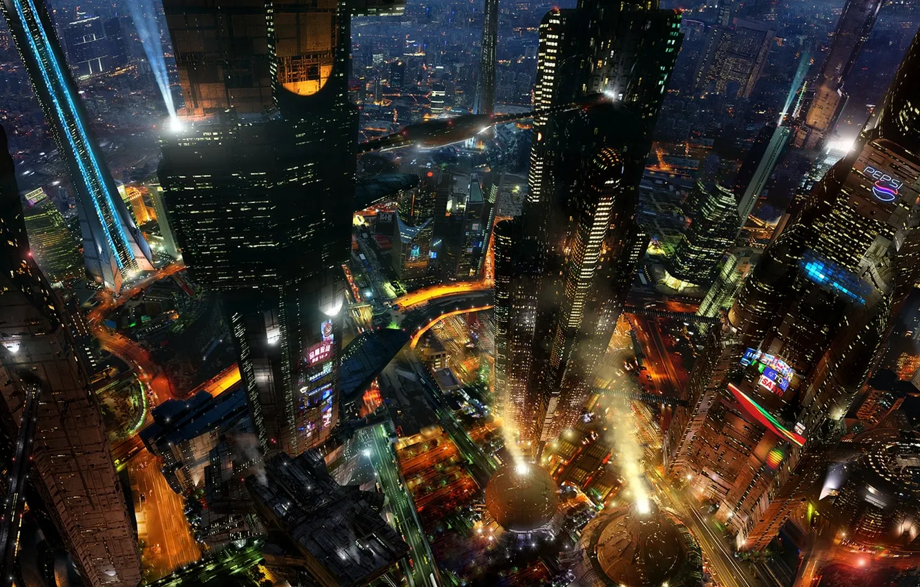 Фото обои ночь, город, lights, огни, будущее, здания, future, City