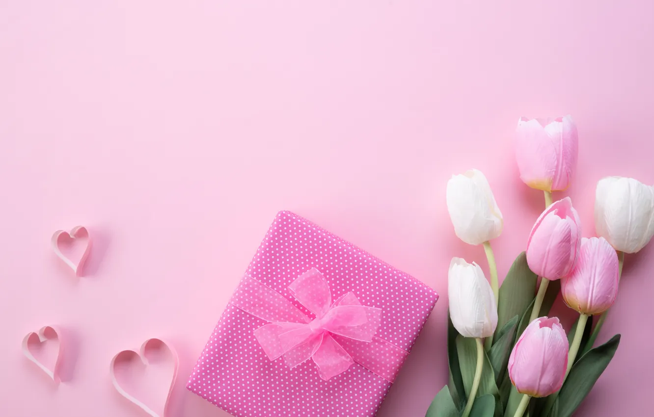 Фото обои фон, розовый, подарок, букет, тюльпаны, поздравление, Siam Pukkato