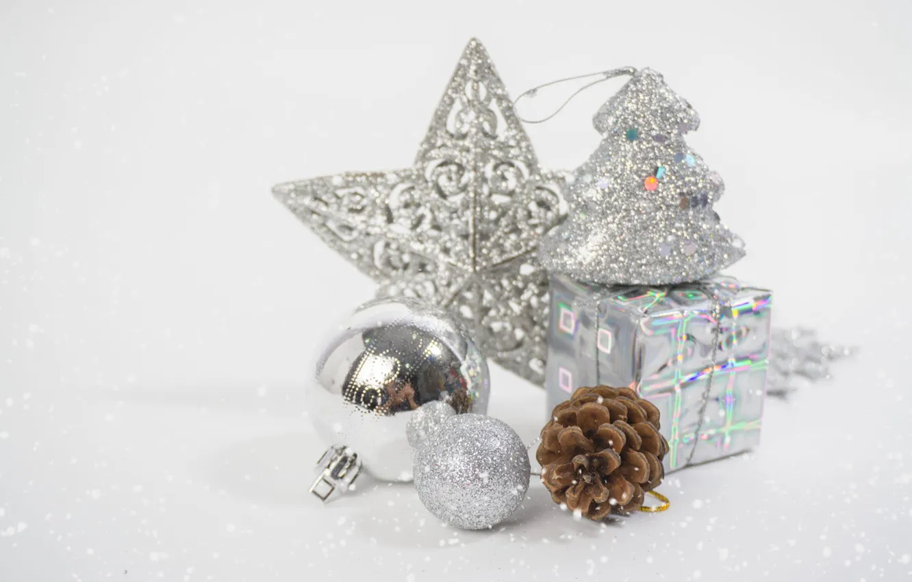 Фото обои шарики, праздник, звезда, серебро, блеск, Рождество, Новый год, ёлочка