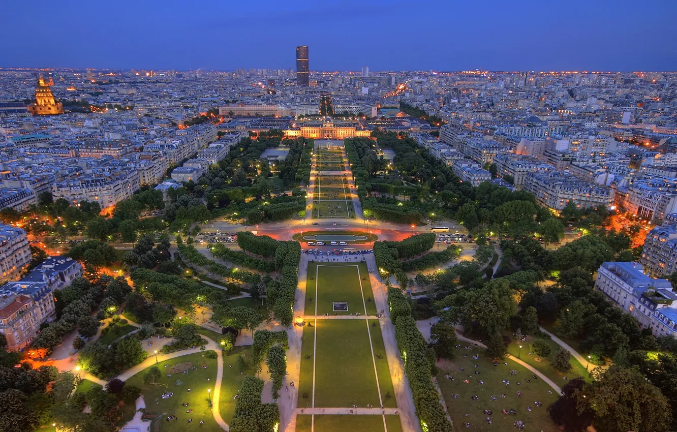 Фото обои огни, парк, Франция, Париж, сад, панорама, Paris, сумерки
