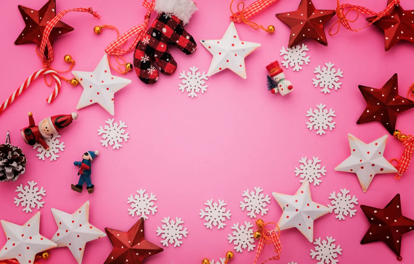 Фото обои зима, украшения, снежинки, фон, розовый, Новый Год, Рождество, Christmas