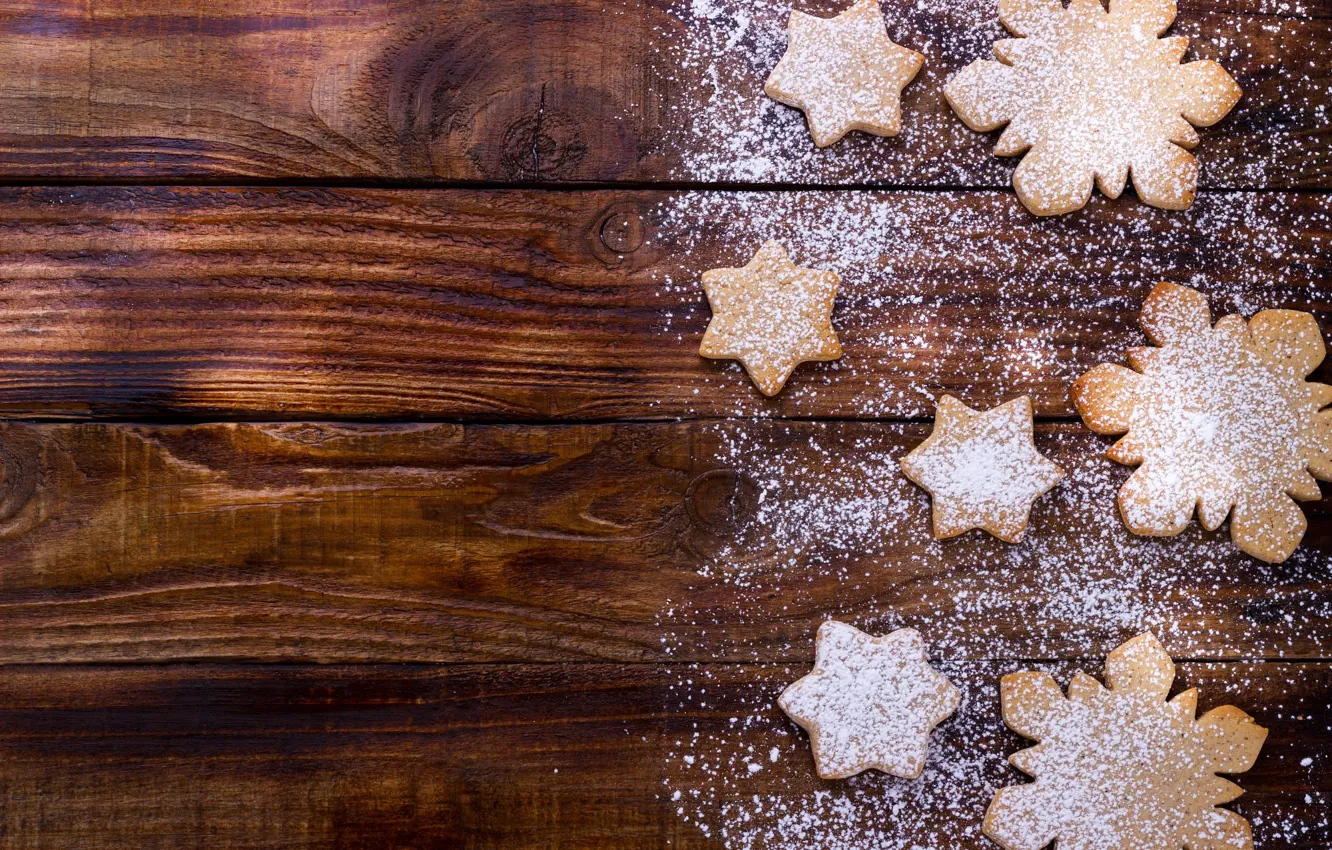 Фото обои звезды, снежинки, праздник, доски, печенье, Рождество, Новый год, сахарная пудра