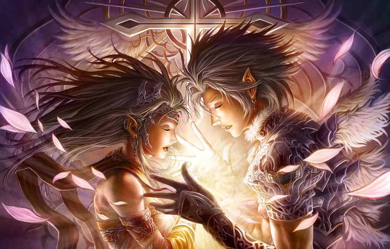 Фото обои девушка, украшения, магия, эльф, крылья, крест, перья, руки