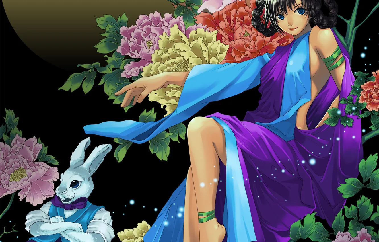 Фото обои девушка, цветы, заяц, кролик, арт, пионы