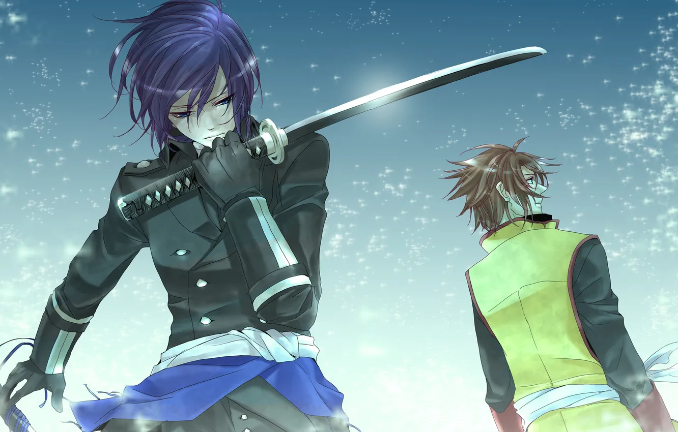 Фото обои снег, катана, парни, art, Hakuouki, Демоны бледной сакуры, Okita Souji, Saitou Hajime