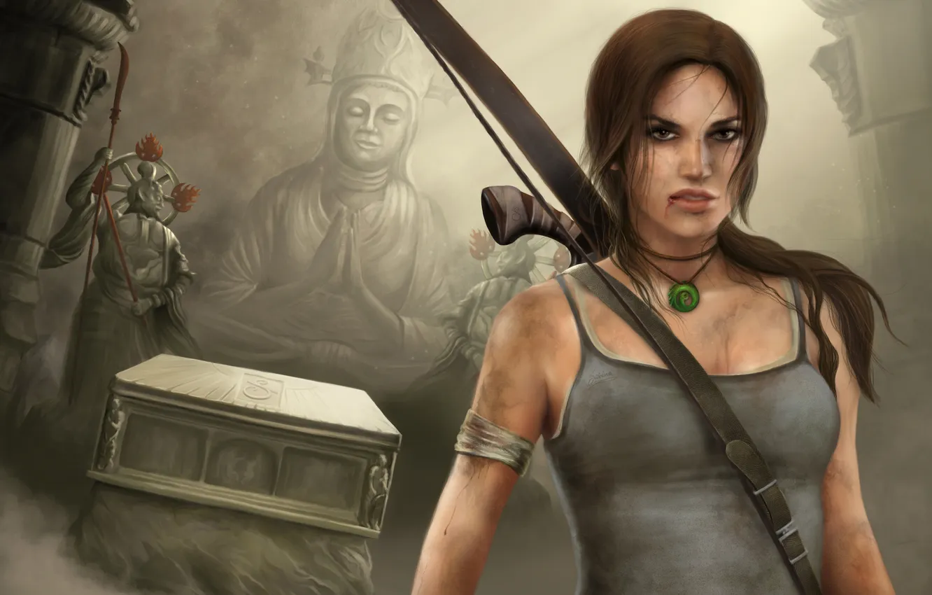 Фото обои лук, храм, Tomb Raider, Лара Крофт, Lara Croft
