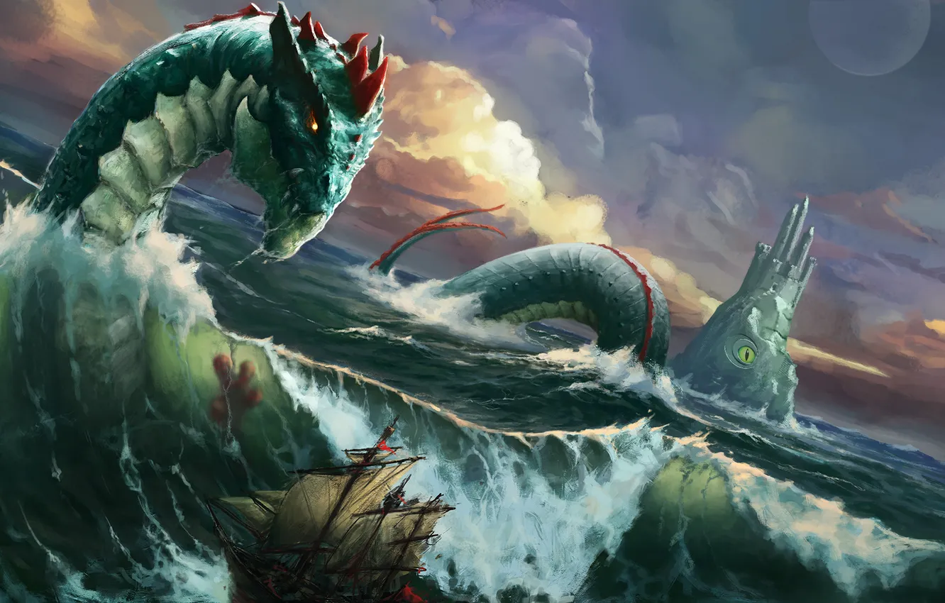 Фото обои море, волны, шторм, корабль, монстр, чудовище, морской змей, окан