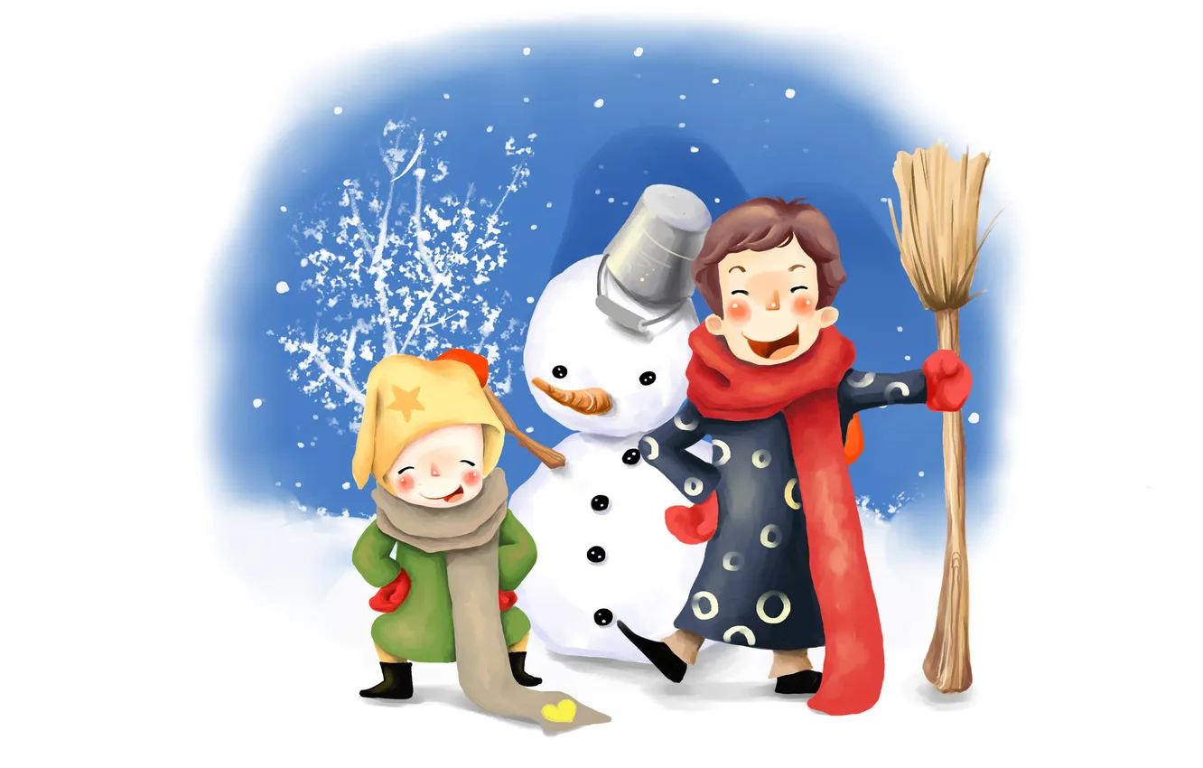 Фото обои зима, дети, рисунок, ведро, снеговик, метла, веселье, шарфы