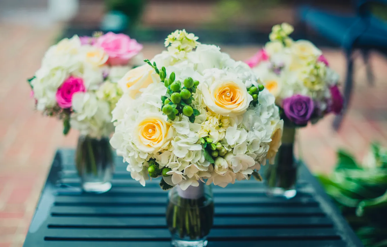 Фото обои цветы, розы, букет, свадебный