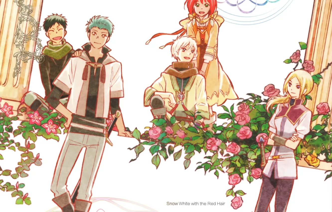 Фото обои улыбка, колонны, друзья, куст роз, виньетка, shirayuki, akagami no shirayukihime, Красноволосая Белоснежка