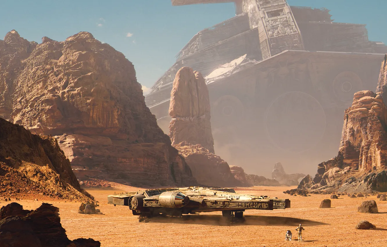 Фото обои горы, скалы, пустыня, робот, star wars, Star Destroyer, spaceship, крейсер