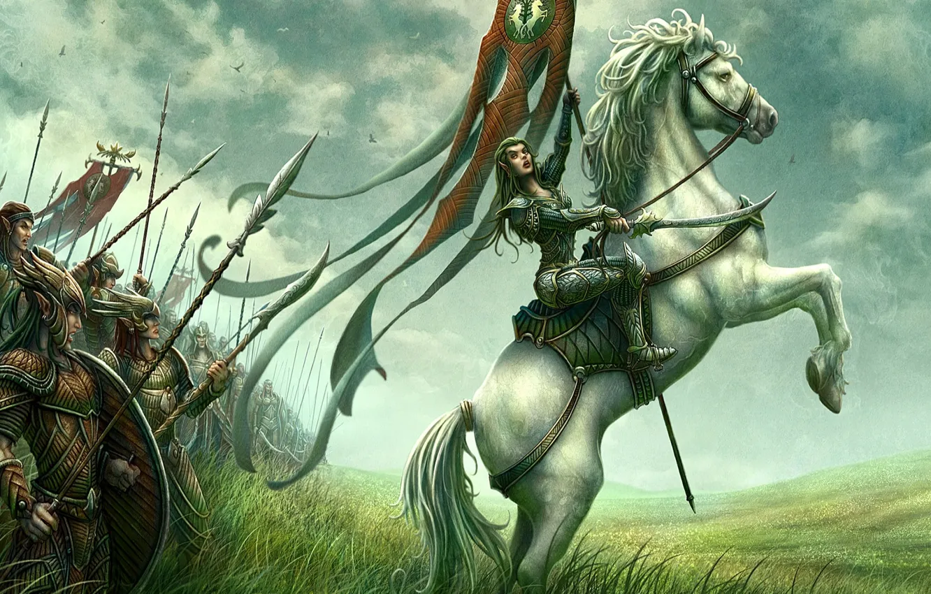 Фото обои поле, конь, рисунок, всадница, фэнтези, эльфийка, kerem beyit, войско