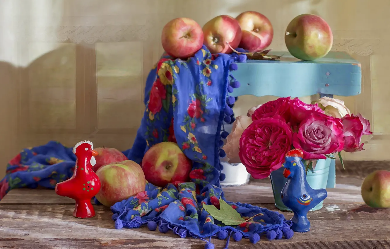 Фото обои яблоки, платок, композиция