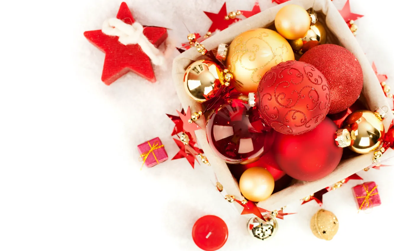 Фото обои украшения, шары, свечи, Рождество, Новый год, Christmas, balls, box