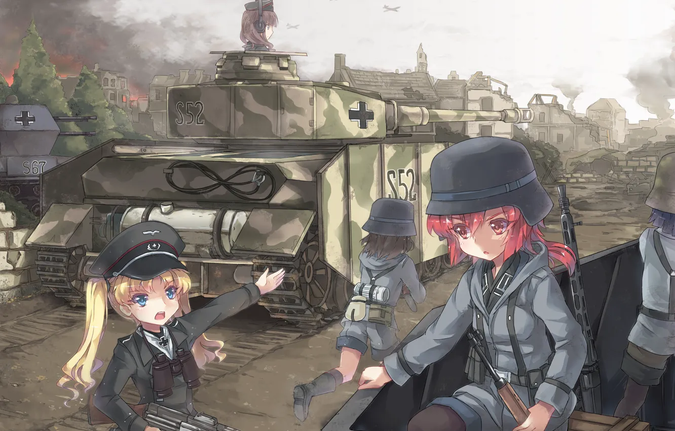 Фото обои город, девушки, война, дым, самолеты, солдаты, танк, бинокль