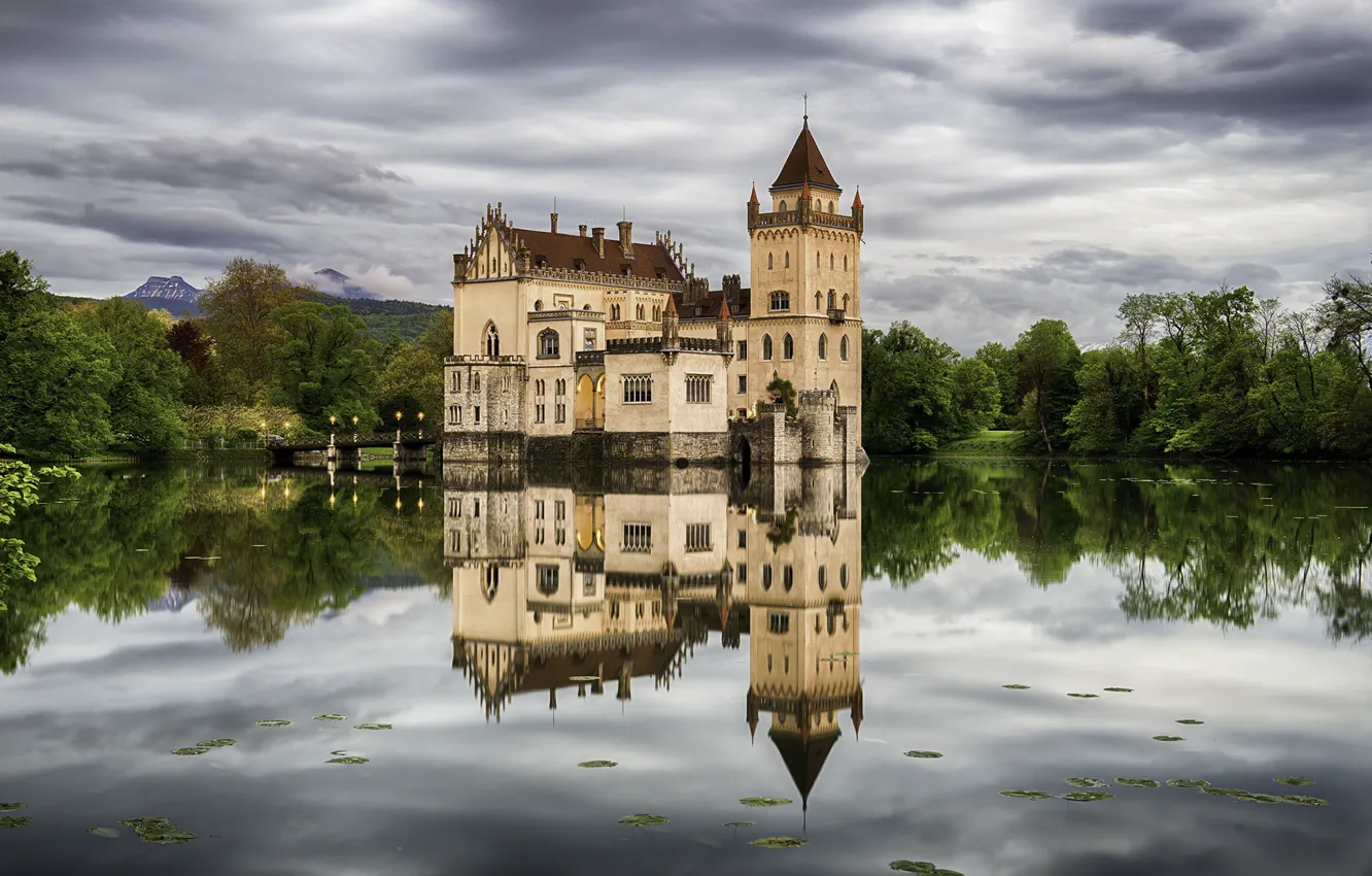 Фото обои деревья, озеро, замок, Австрия, Austria, Salzburg, Зальцбург, Castle Anif