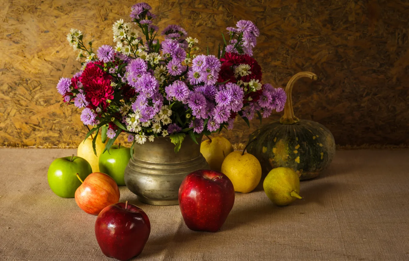 Фото обои цветы, яблоки, букет, тыква, фрукты, натюрморт, овощи, груши
