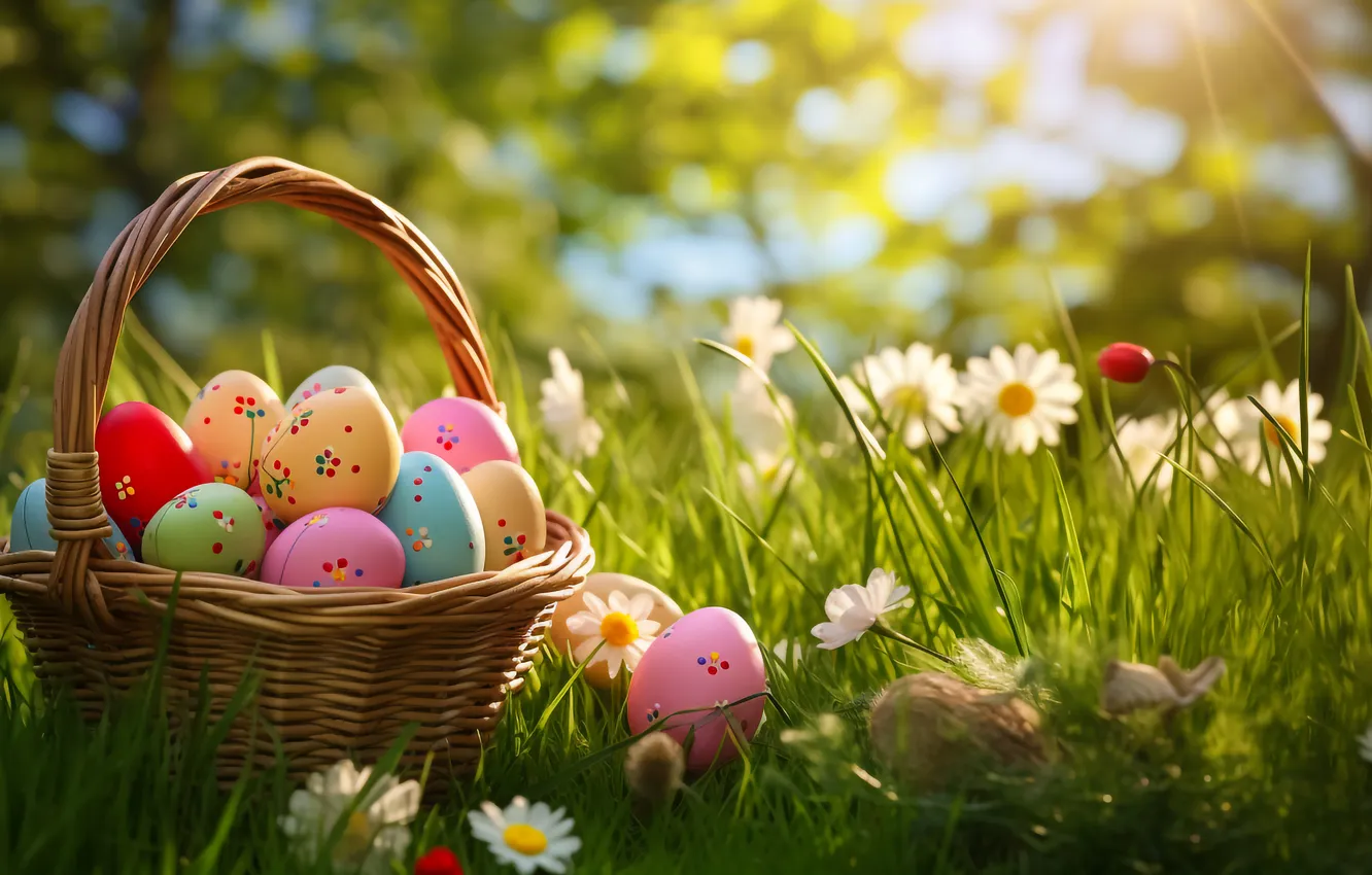 Фото обои цветы, яйца, весна, colorful, Пасха, happy, flowers, spring
