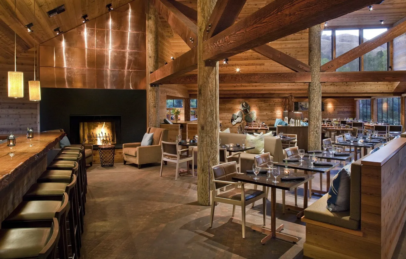 Фото обои lights, wood, bar, fireplace, tables, chairs, wine glasses