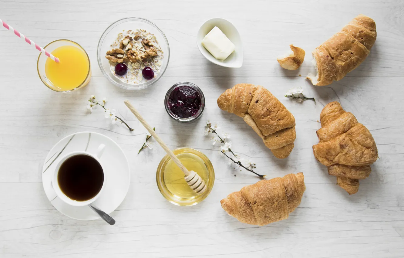 Фото обои кофе, сок, мёд, food, Coffee, джем, булочки, breakfast
