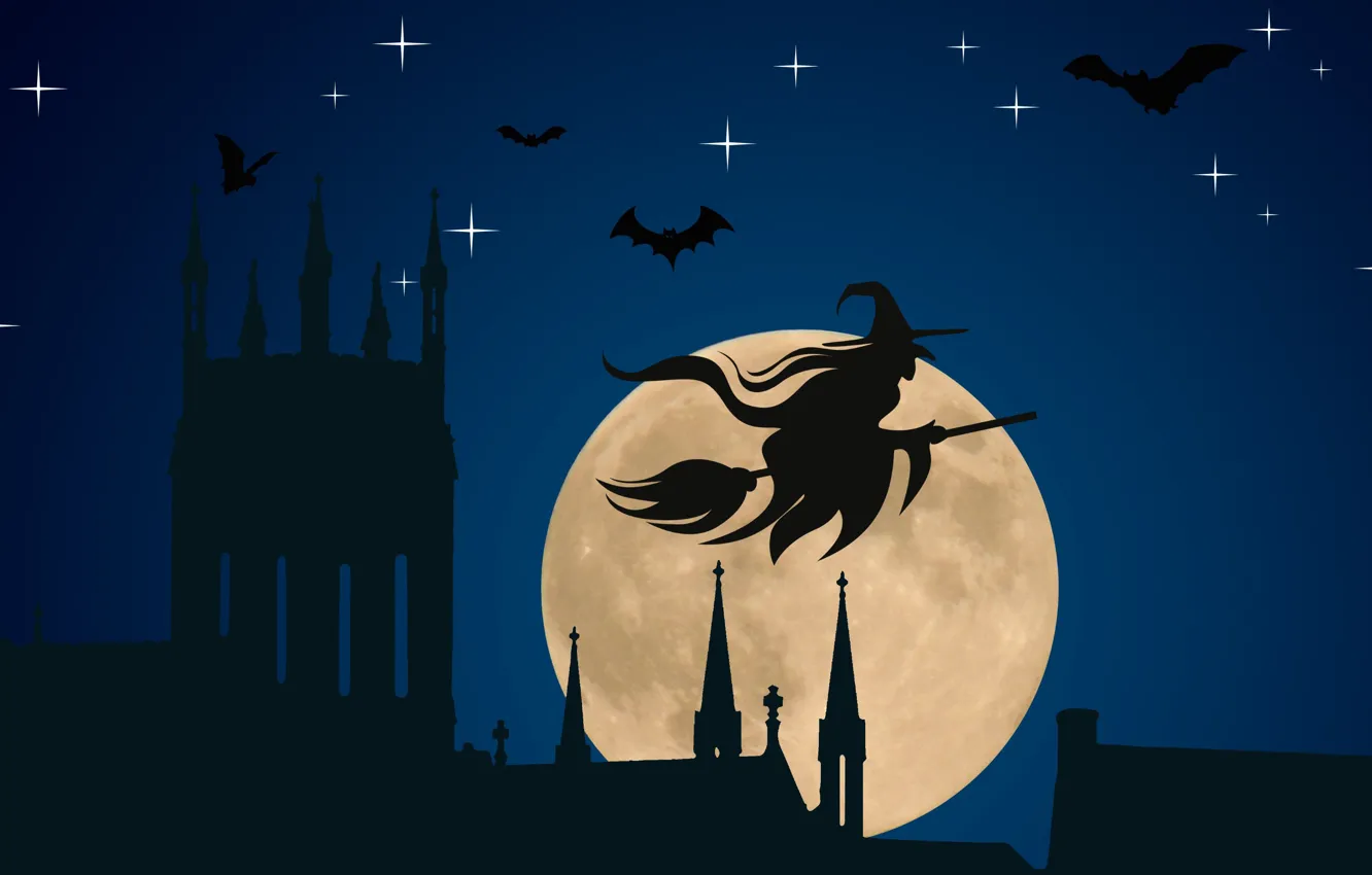 Фото обои vector, Halloween, moon, hat, night, stars, bats, silhouette