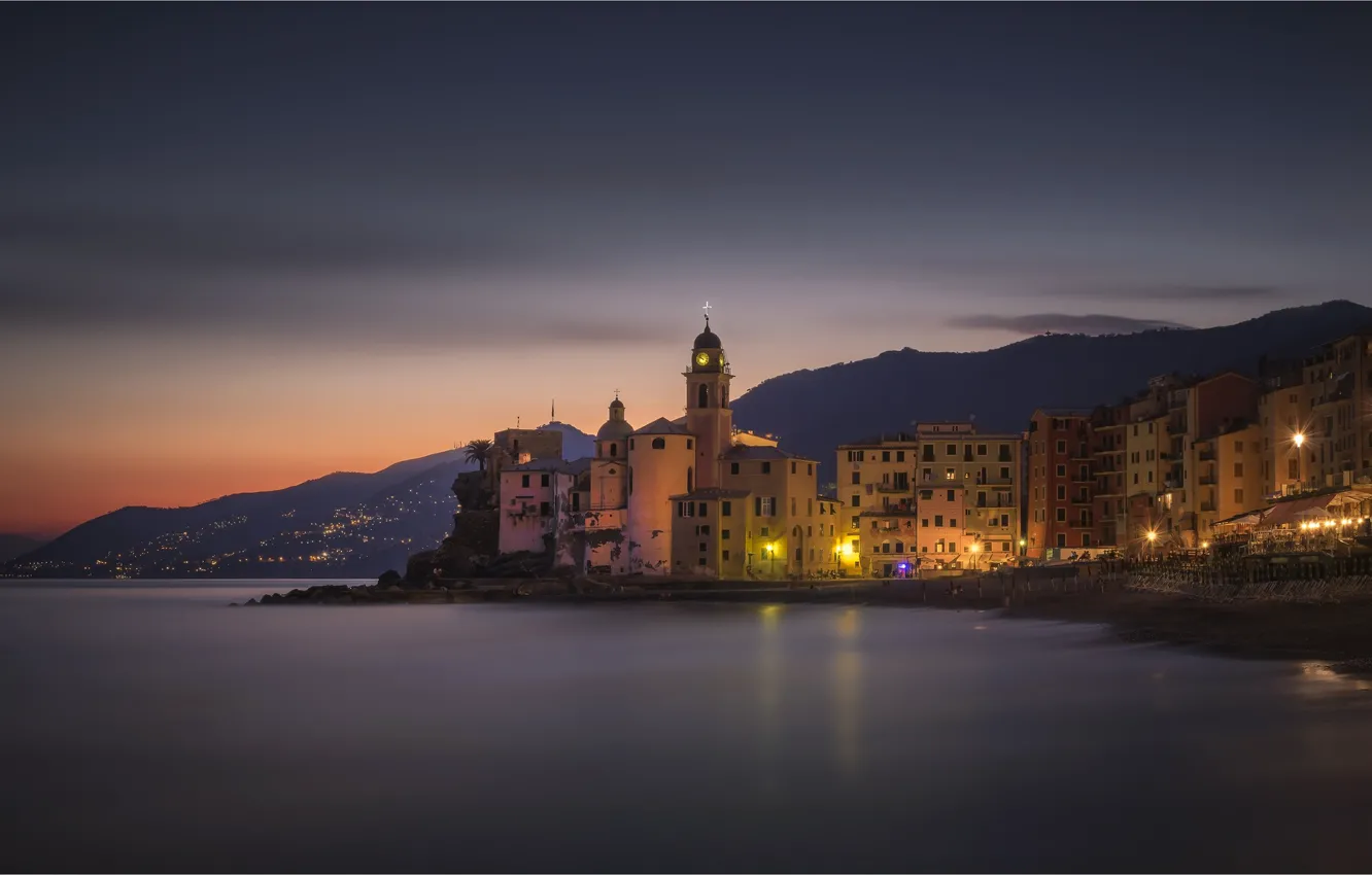 Фото обои огни, побережье, вечер, Италия, Лигурия, Liguria, Камольи