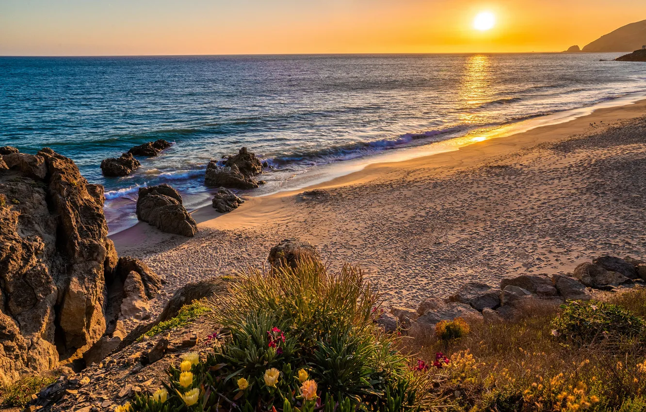 Фото обои песок, море, закат, берег, Калифорния, Малибу