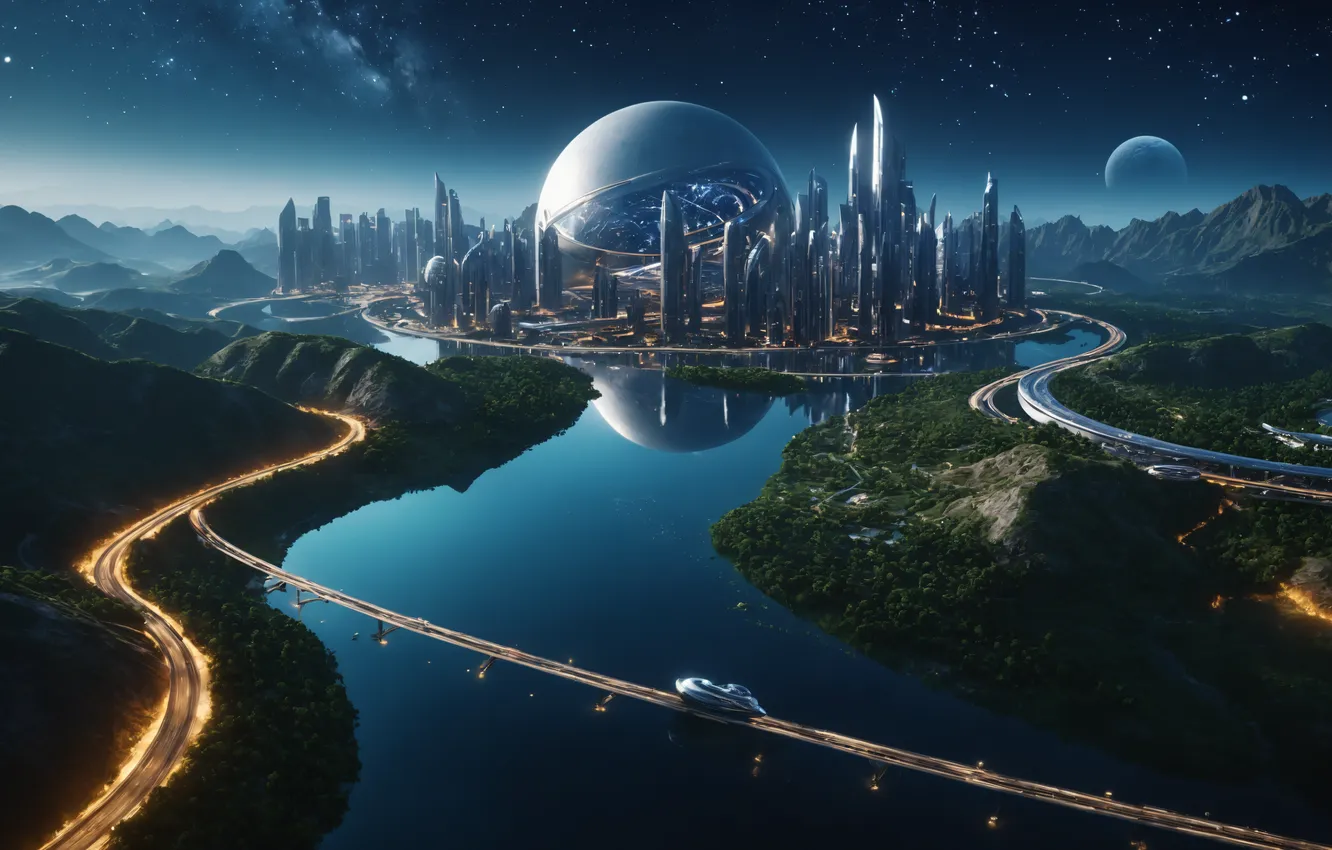 Фото обои city, space, river, water, lake, stars, planet, galaxy