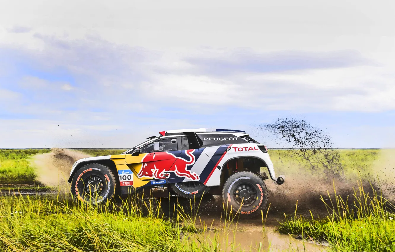 Фото обои Спорт, Скорость, Гонка, Грязь, Peugeot, Фары, Red Bull, Rally