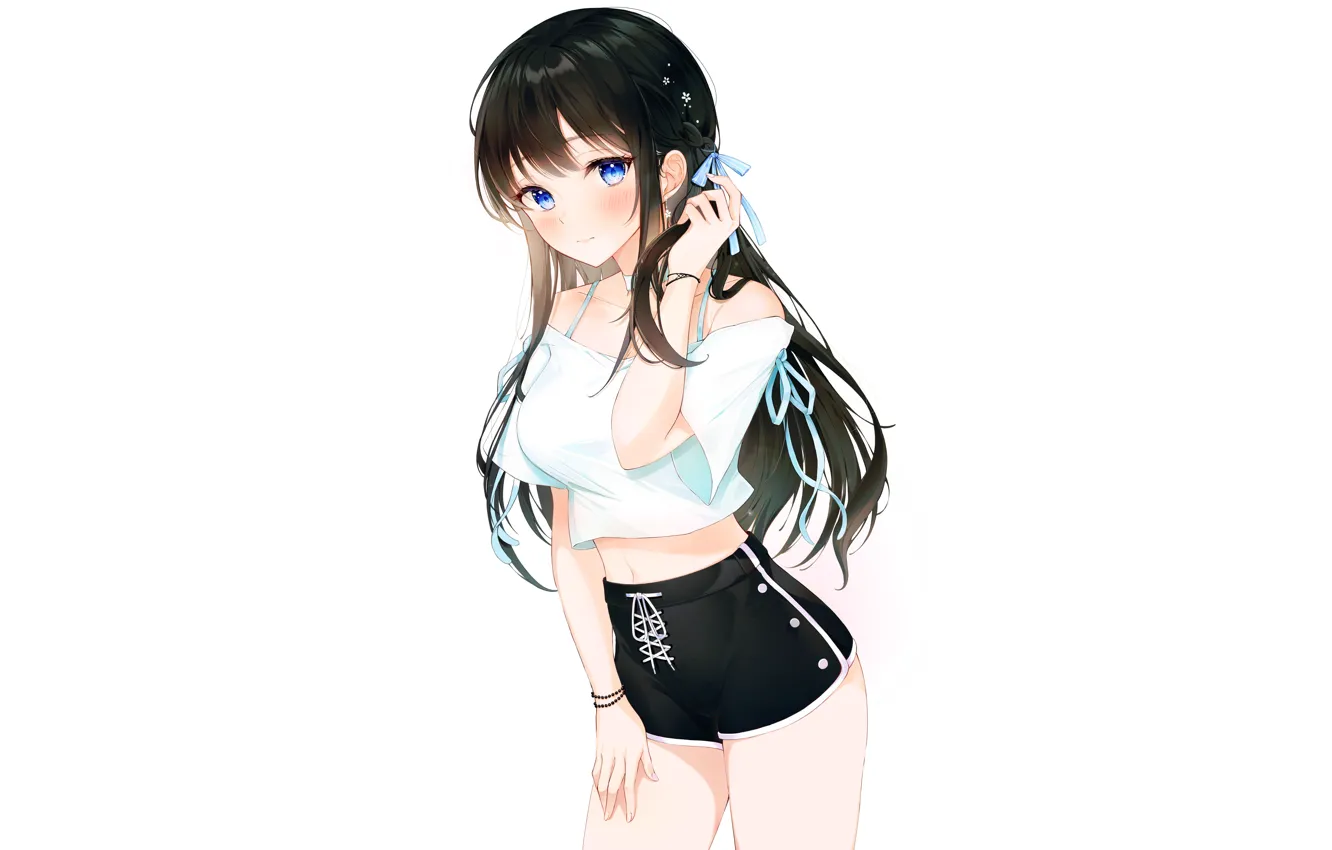 Фото обои girl, sexy, shorts, long hair, boobs, anime, blue eyes, beautiful