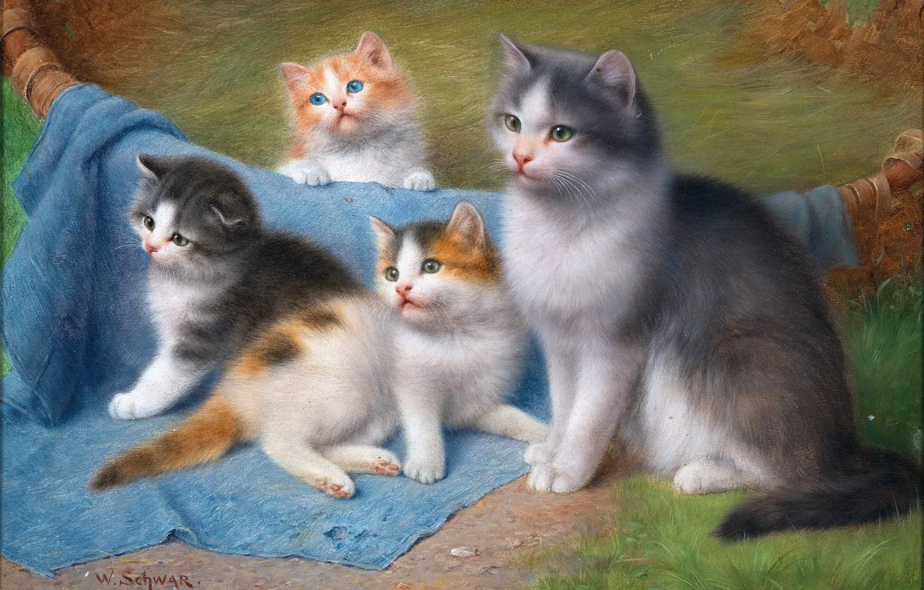 Фото обои Кошка, Котята, Четверо, Немецкий художник, Вильгельм Швар, Wilhelm Schwar, Мама-кошка с тремя котятами, Вильгельм Фридрих …