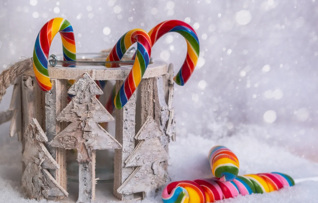 Фото обои зима, цвета, снег, праздник, радуга, Рождество, конфеты, банка