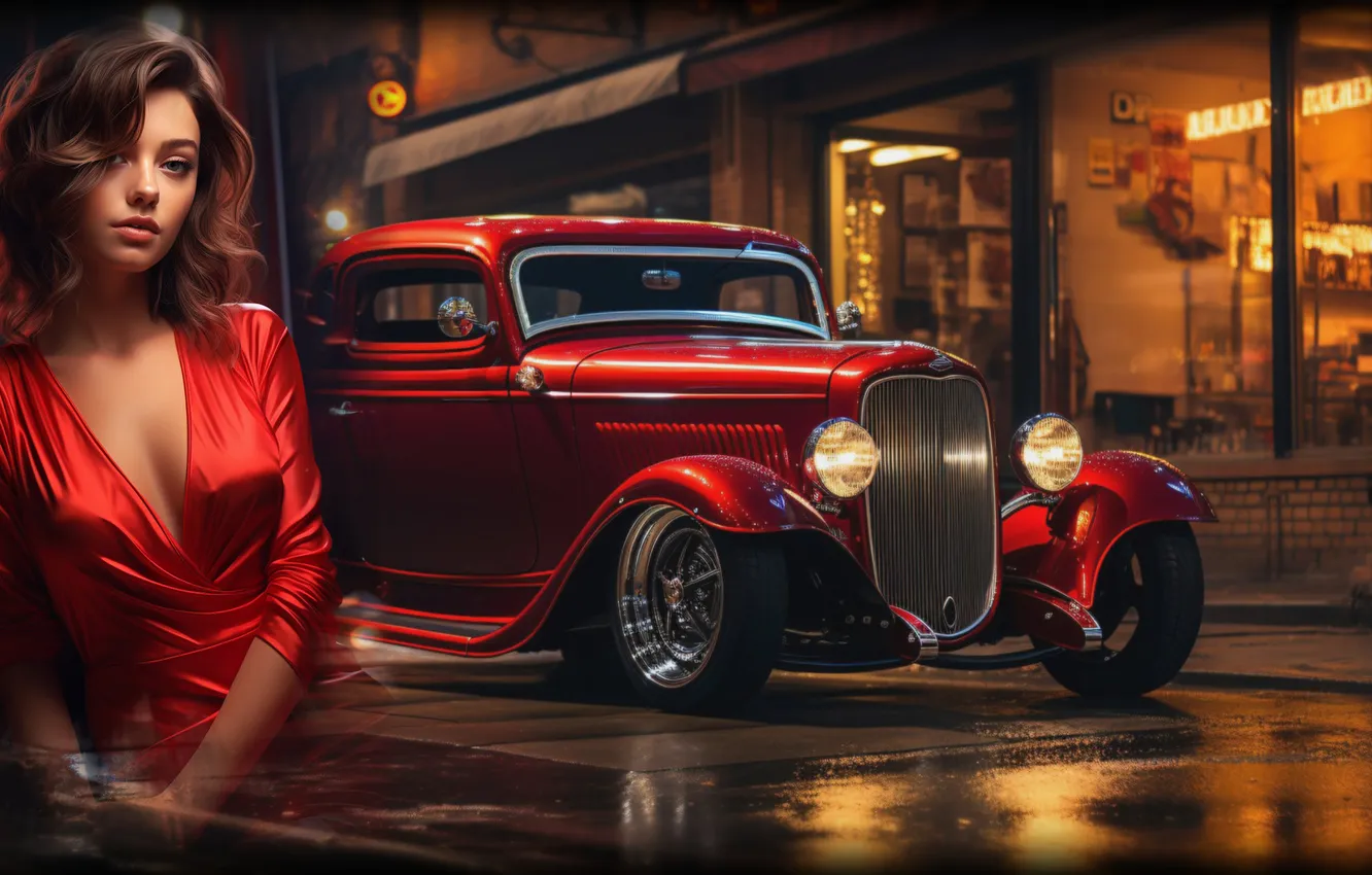 Фото обои car, red, girl, retro, ai art