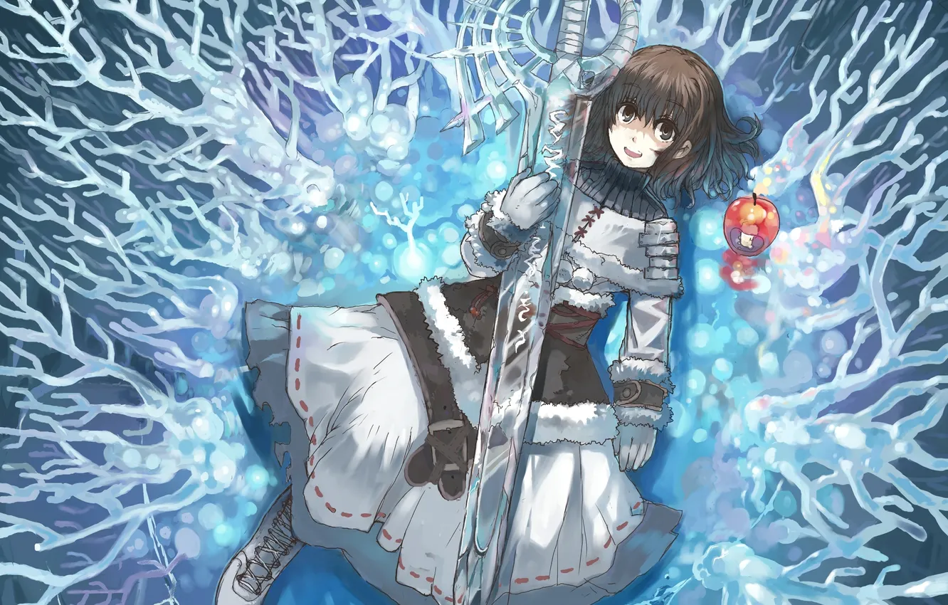 Фото обои лед, зима, девушка, оружие, яблоко, меч, аниме, арт
