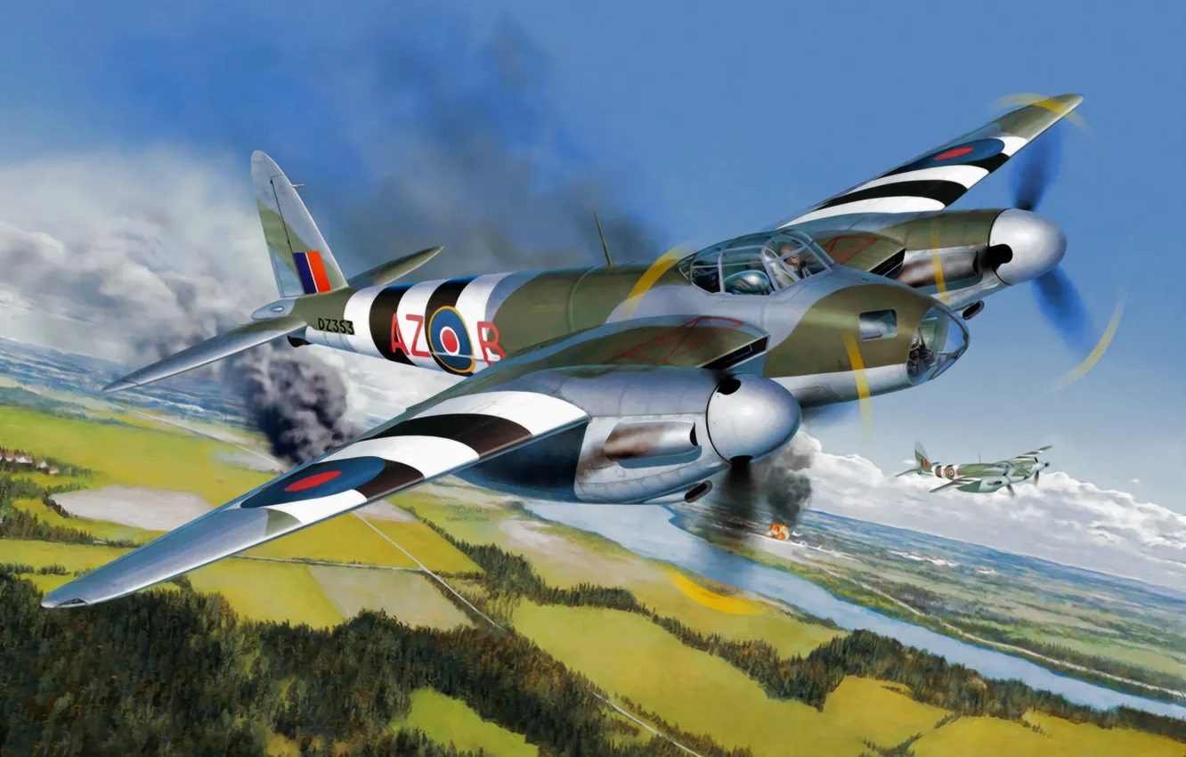 Фото обои war, art, painting, aviation, ww2, De Havilland Mosquito