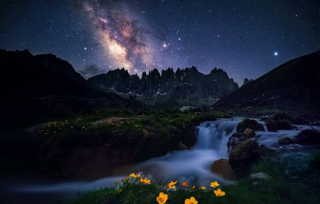 Фото обои звезды, цветы, горы, ночь, камни, скалы, берег, водопад