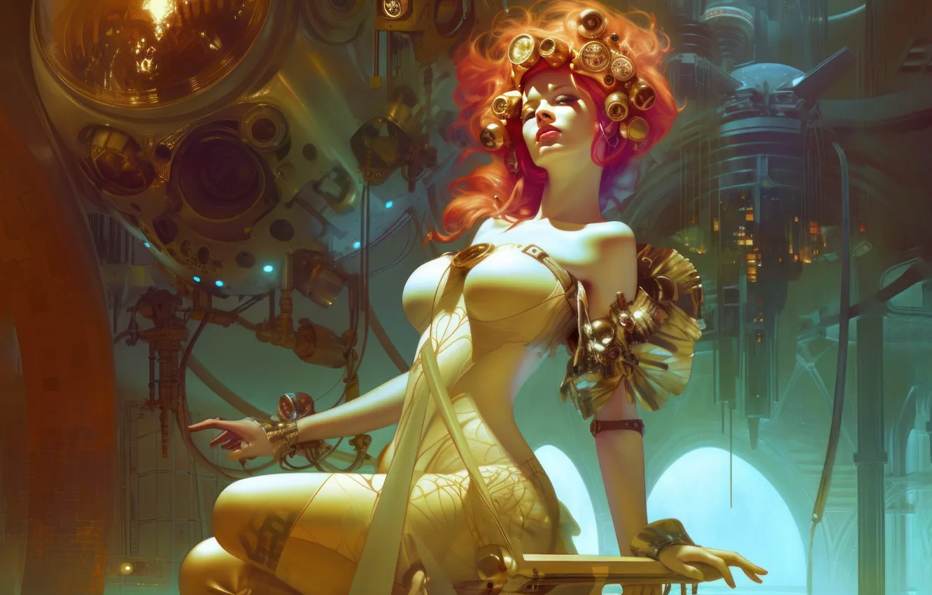 Фото обои город, поза, фантастика, технологии, рыжая, science fiction, красивая женщина, AI art