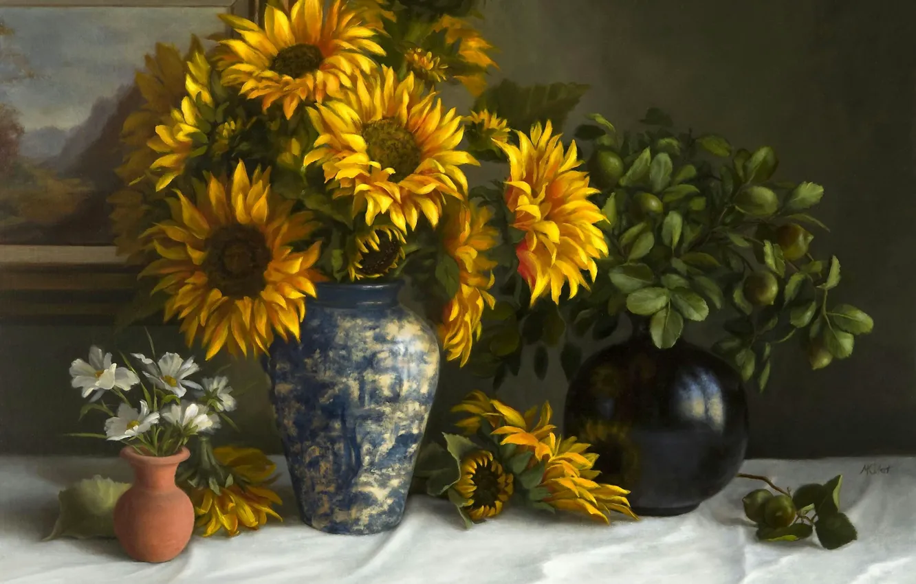 Фото обои подсолнухи, цветы, стол, картина, натюрморт, скатерть, вазы