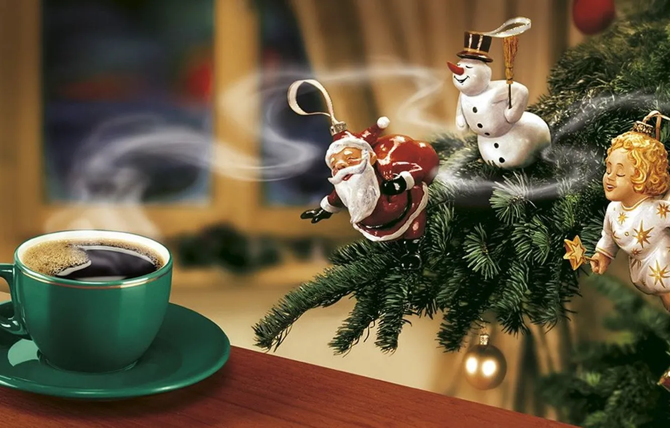 Фото обои елка, новый год, кофе, ангел, снеговик, дед мороз