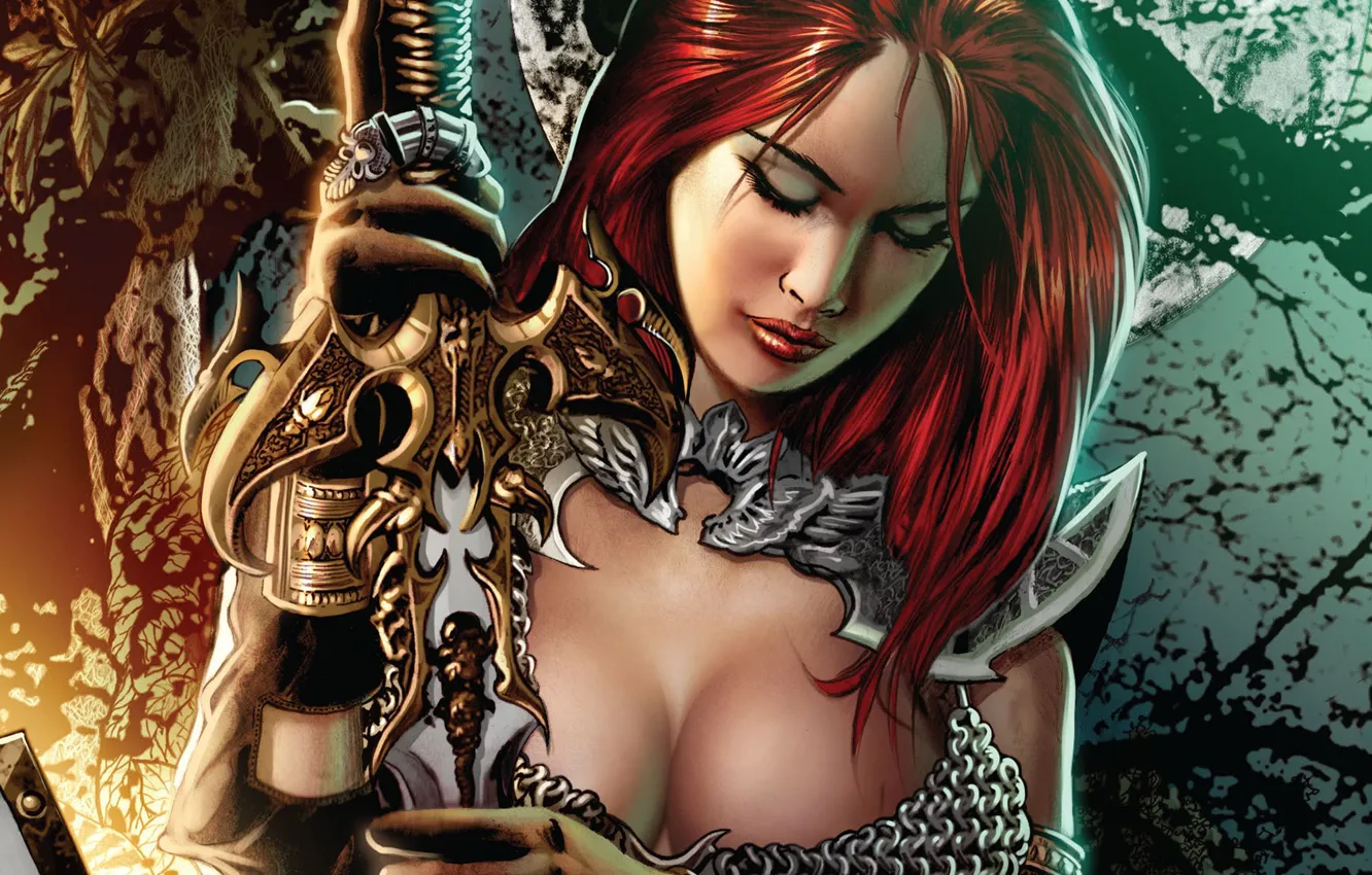 Фото обои фон, меч, воин, Red Sonja, Рыжая Соня