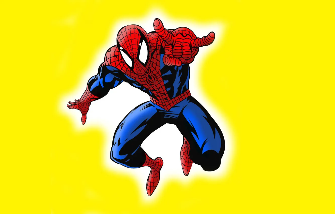 Фото обои комикс, Marvel Comics, Spider-Man, Peter Parker, Питер Паркер, Человек-Паук, Марвел, жёлтый фон