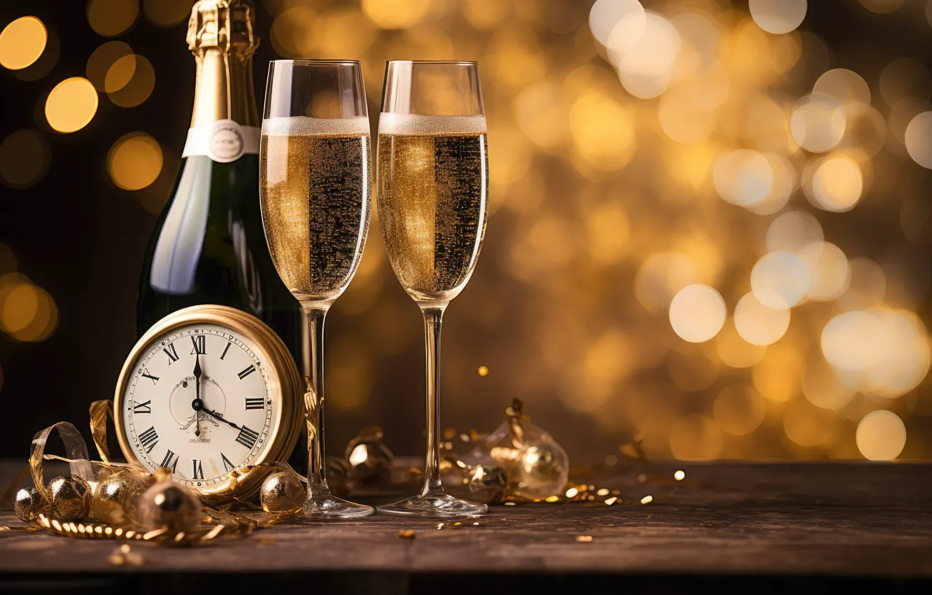 Фото обои украшения, золото, шары, Новый Год, бокалы, golden, new year, шампанское