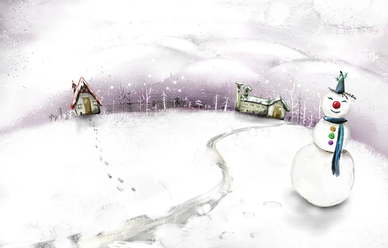 Фото обои рисунок, Зима, снеговик