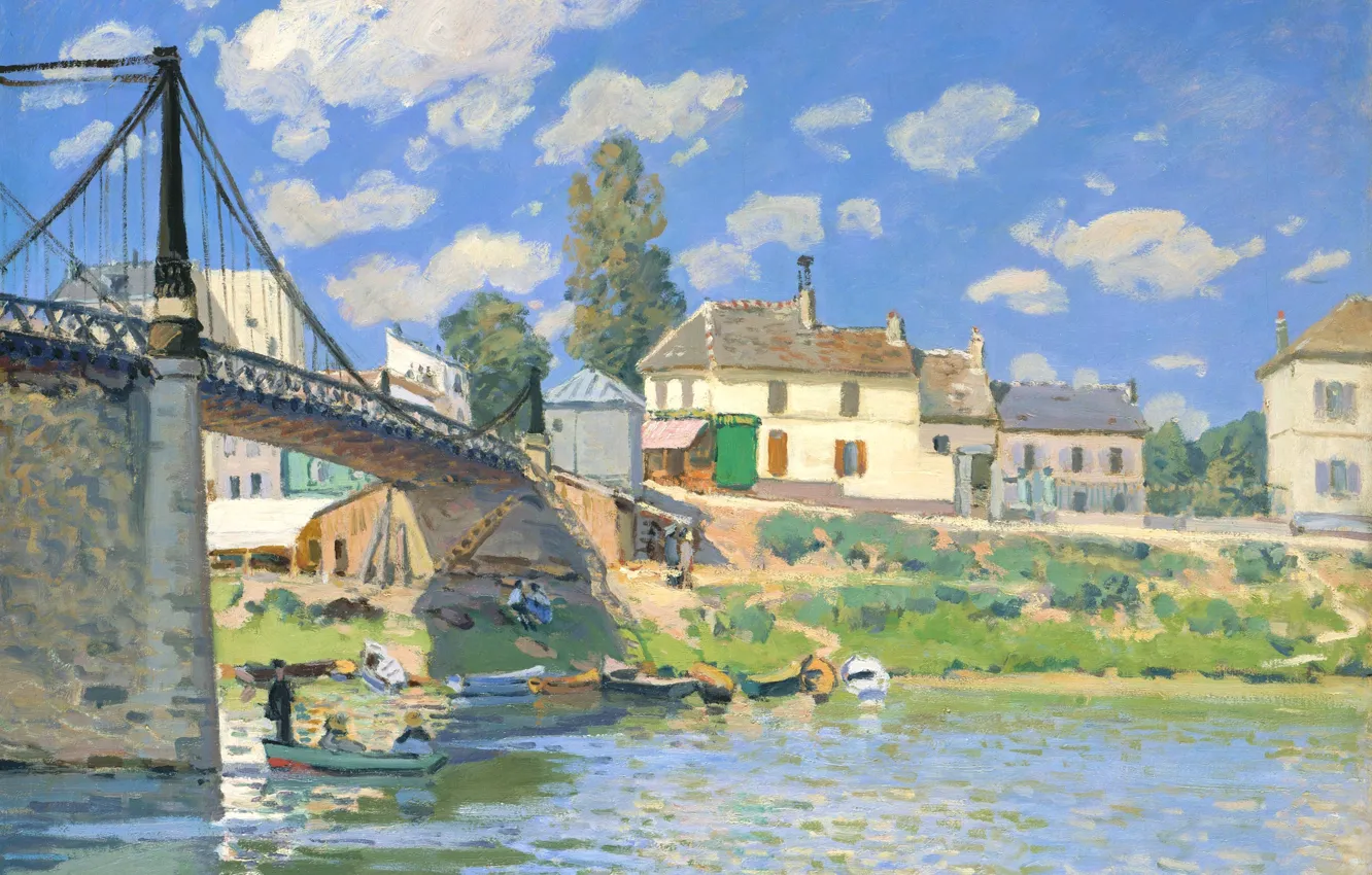 Фото обои пейзаж, река, дома, картина, лодки, Мост в Вильнёв-ла-Гаренн, Альфред Сислей